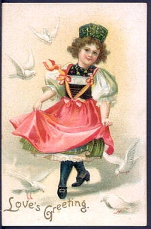 Victorian Love's Greeting Card with Girl in Pink Dress