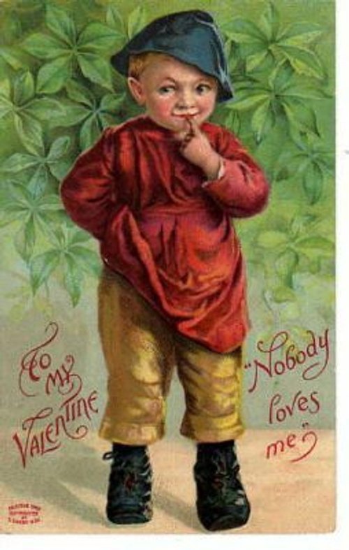 Vintage Valentine's Day Card Boy Red Coat Green Leaves 1900s