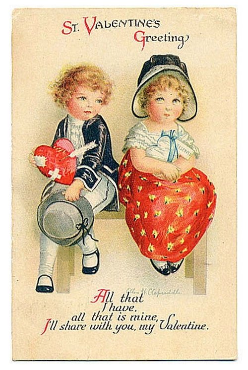 St. Valentine's Greeting Card with Children, Hearts, and Garden Hat