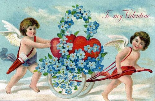 Victorian Valentine Cherubs Forget-Me-Nots Chromolithograph Card