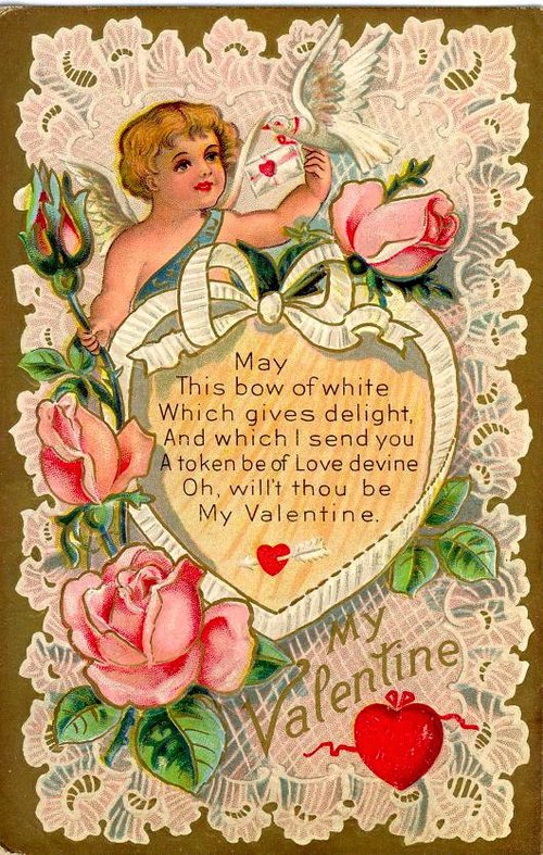 Victorian Valentine Card: Cherub, Pink Roses & White Bow Die-Cut