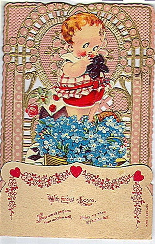 Valentine's Day Greeting Card with Child & Blue Flowers