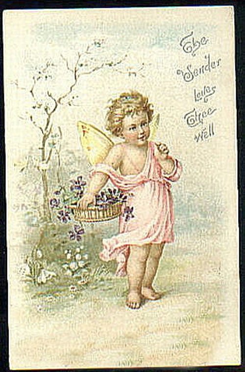 Victorian Cherub Angel Greeting Card with Flowers & Wish Text
