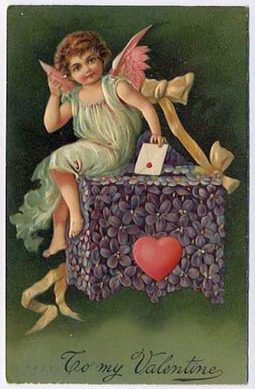 Victorian Valentine Cherub Angel with Violet Heart Greeting Card