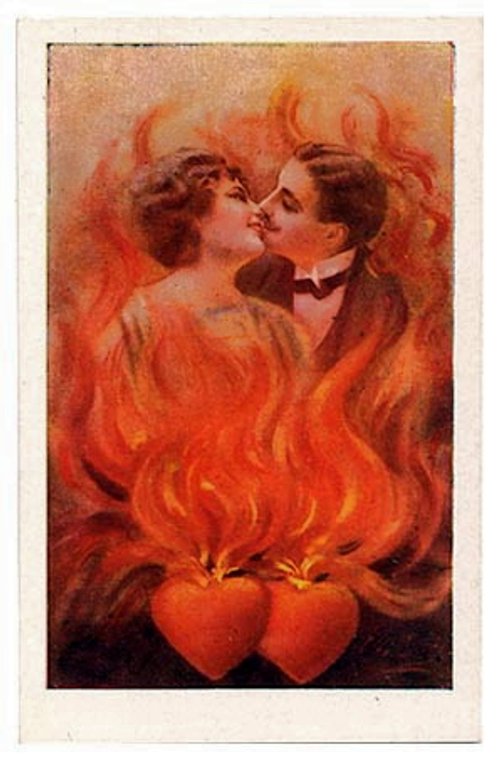 Victorian Couple Kissing in Flames Valentine Card