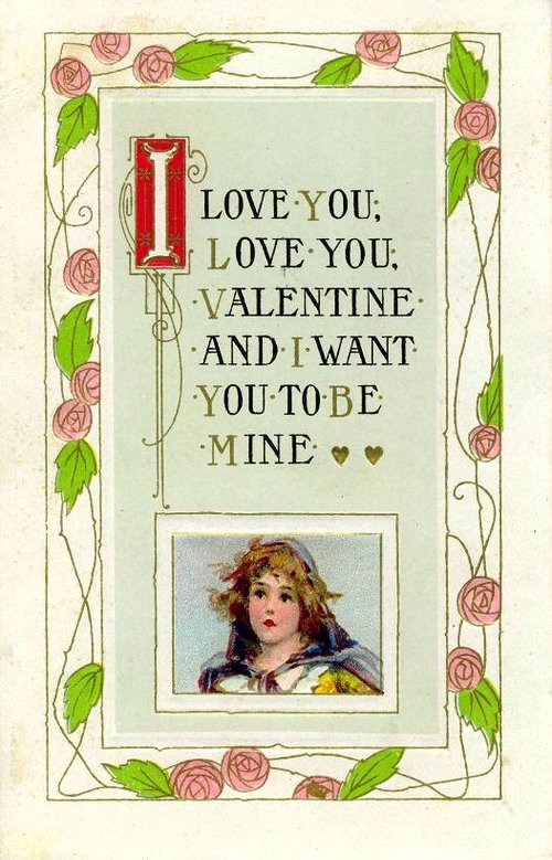 Victorian Valentine Greeting Card with Rose Border & Portrait