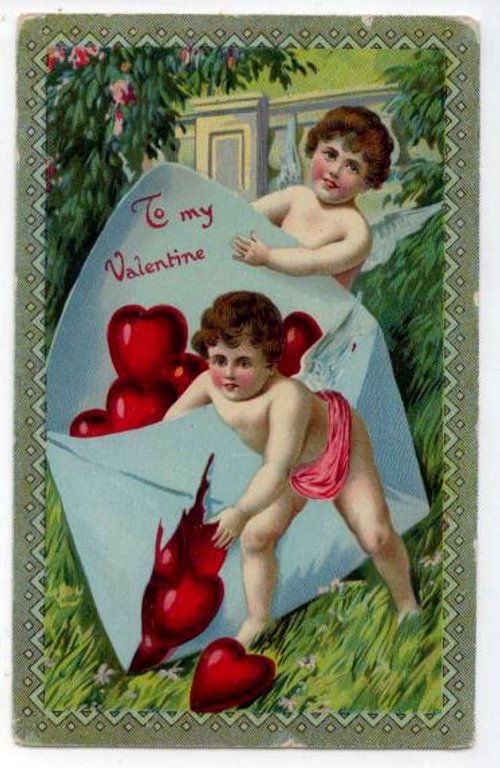 Victorian Valentine Cherubs with Red Hearts - Vintage Greeting Card