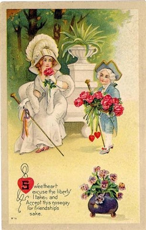 Edwardian Valentine Greeting Card with Children & Flowers