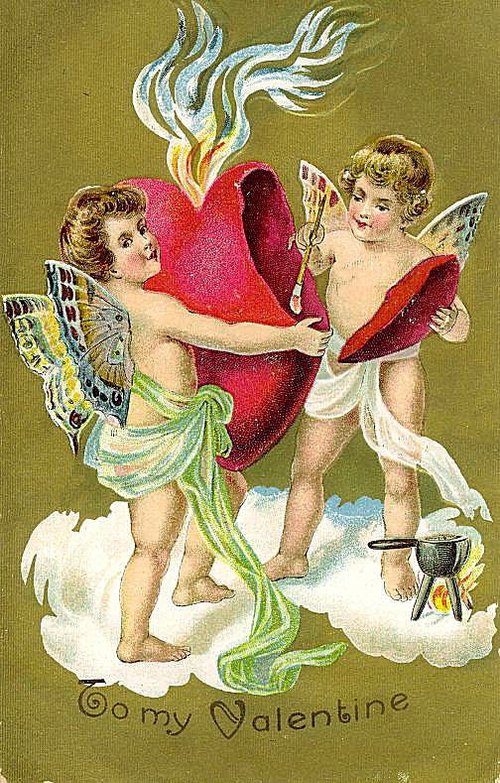 Victorian Cupid Valentine Card with Flaming Heart & Angels