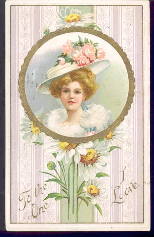 Edwardian "To the One I Love" Hat Portrait Greeting Card with Daisies