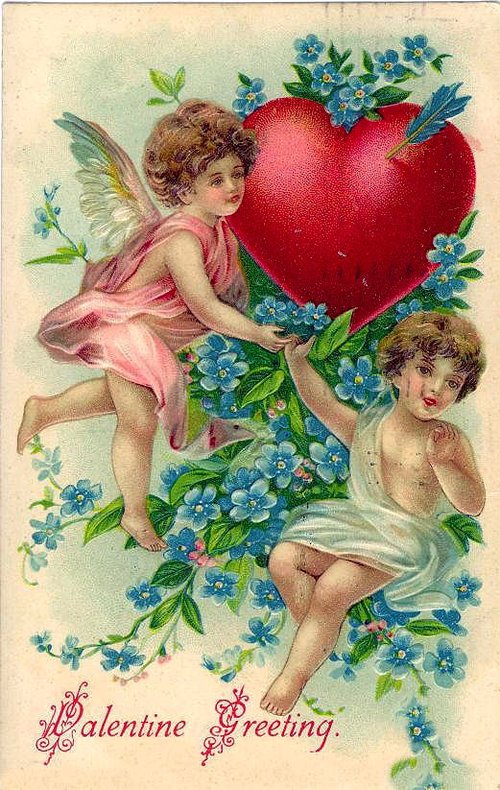 Victorian Valentine's Greeting Card with Cherubs and Red Heart