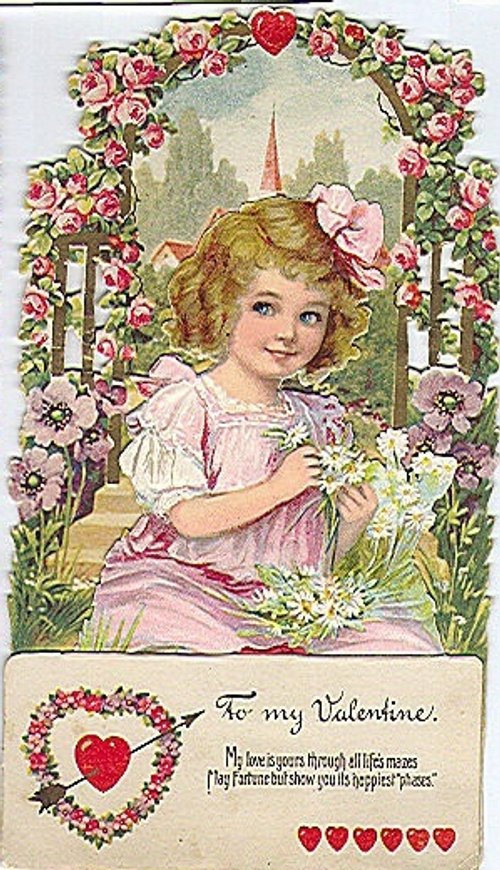 Victorian Valentine's Day Greeting Card with Girl & Roses