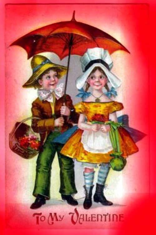 Victorian Valentine's Day Greeting Card with Children & Umbrella