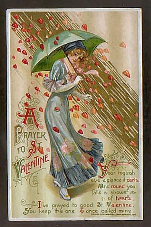 Vintage Valentine's Day Prayer Card with Woman and Umbrella