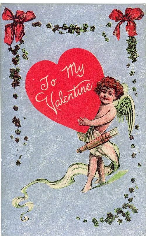 Edwardian Cupid Valentine Card with Red Heart & Ivy Garland