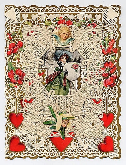 Victorian Valentine's Day Greeting Card with Cherub & Die-Cut Lace