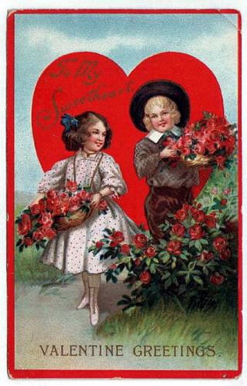 Victorian Valentine's Day Greeting Card with Children and Red Heart