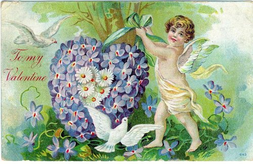 Victorian Valentine's Day Greeting Card with Cherub and Forget-Me-Nots