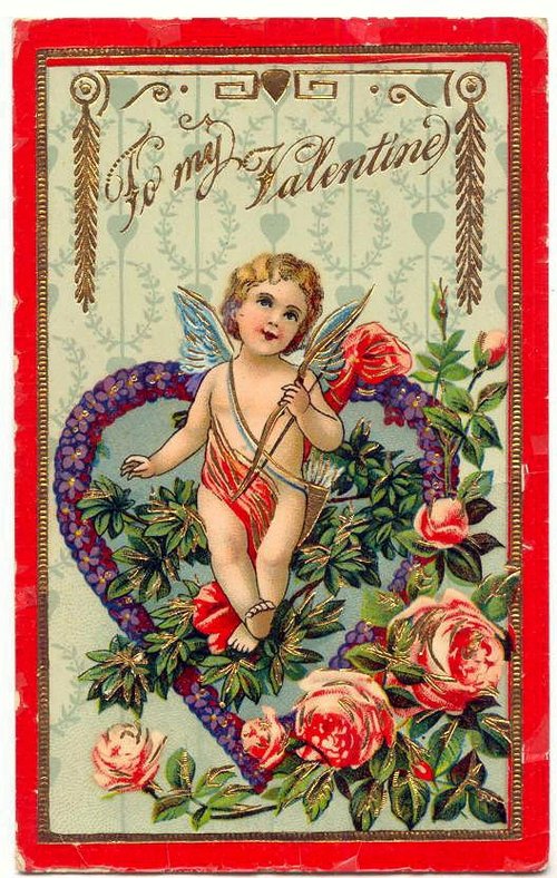 Victorian Valentine Cupid Rose Heart Chromolithograph Greeting Card