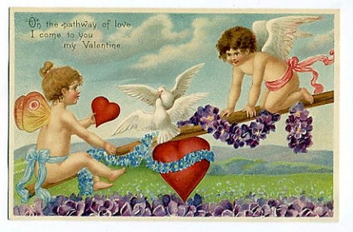 Vintage Cherub Valentine Card with Purple Violets, Early 1900s
