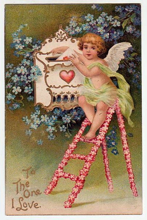 Victorian Cupid Valentine Card with Ornate Ladder & Flowers
