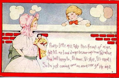 Vintage Valentine's Day Greeting Card with Girl Climbing Wall