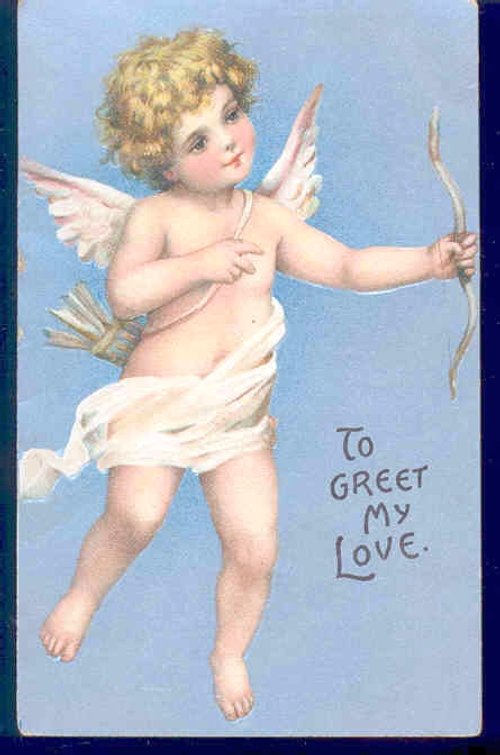 Victorian Cherub Cupid Love Greeting Card, Blue Background
