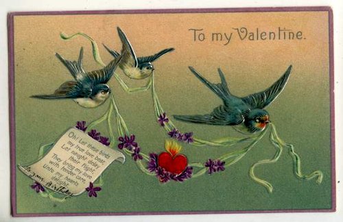 Victorian Valentine Birds Holding Love Letter – Vintage Greeting Card