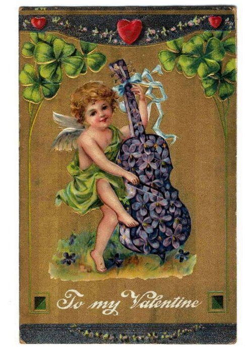 Victorian Cupid Violin Valentine Greeting Card - Gold & Green