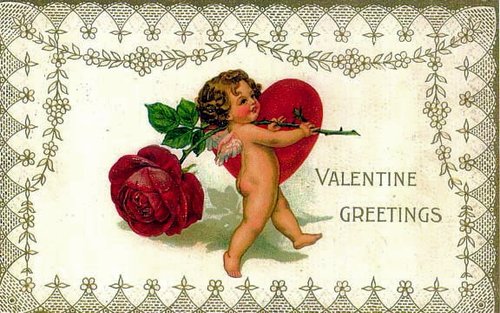 Victorian Valentine Greeting Card with Cherub and Red Heart