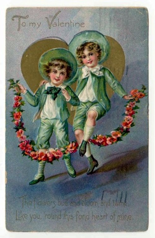 Victorian Valentine Card with Two Children in Green Bonnets