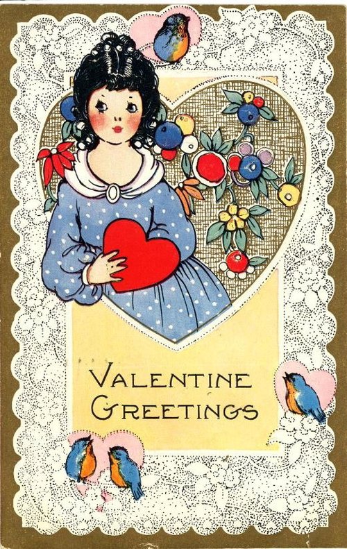 Vintage Valentine's Day Greeting Card with Girl and Heart