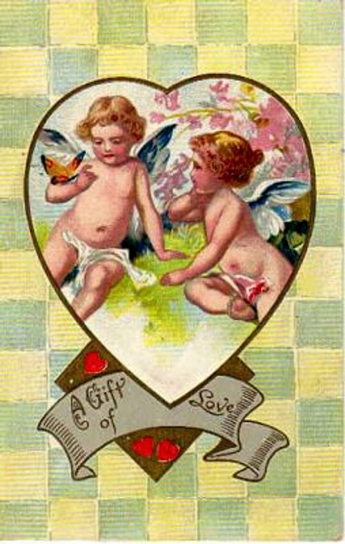 Victorian Cherub Valentine Card with Roses & Heart Design