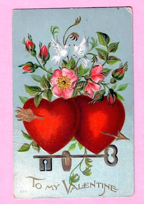 Victorian Valentine Card Two Red Hearts & Floral Bouquet