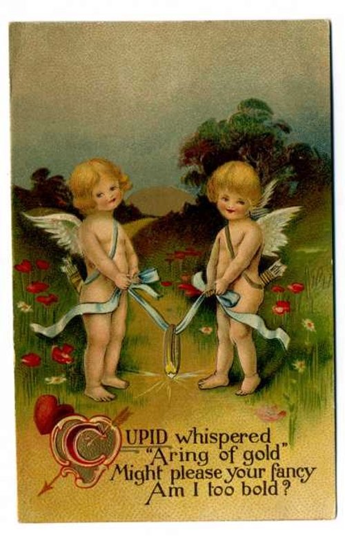 Vintage Cupid Valentine Card: Two Cherubs with Ring Art Nouveau
