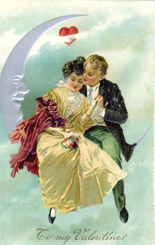 Victorian Valentine's Day Greeting Card - Couple on Moon