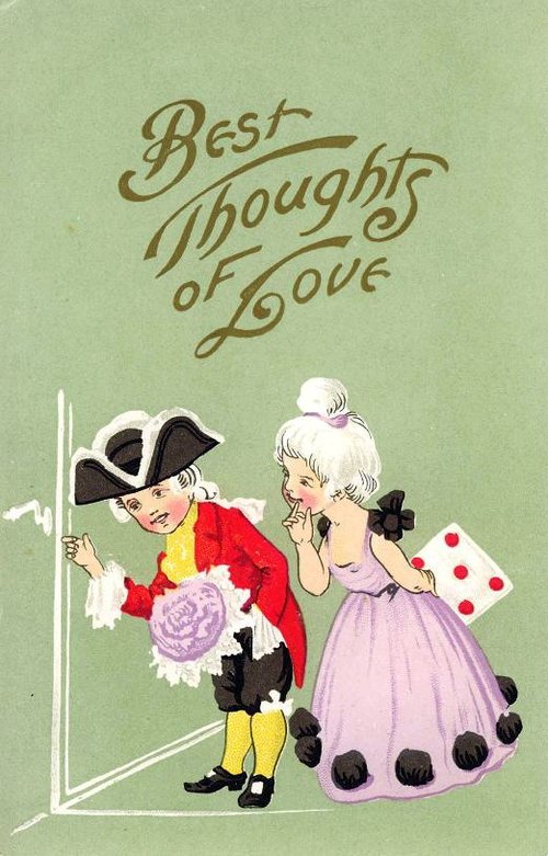 Edwardian Love Greeting Card with Colonial-Dressed Children & Dice