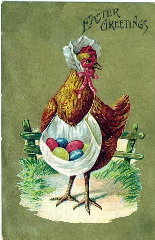Victorian Easter Greeting Card with Anthropomorphic Hen and Eggs