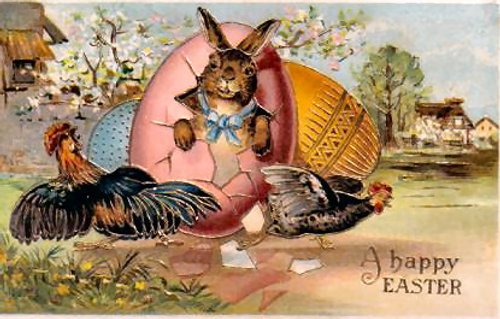 Victorian Easter Greeting Card with Anthropomorphic Cat & Eggs