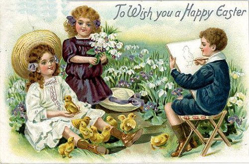 Victorian Easter Greeting Card with Children & Spring Flowers