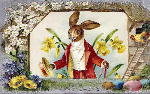 Victorian Easter Greeting Card with Anthropomorphic Rabbit in Red Coat