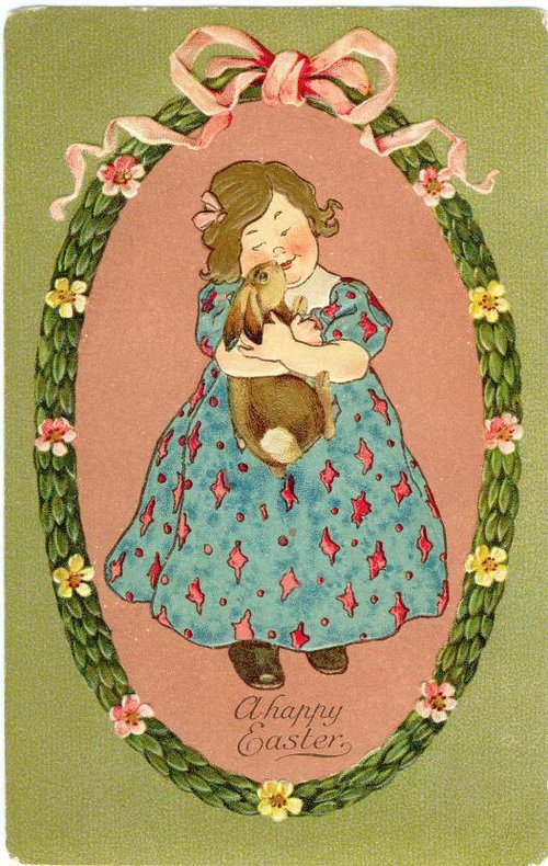Vintage Easter Greeting Card: Girl with Bunny, Victorian Era