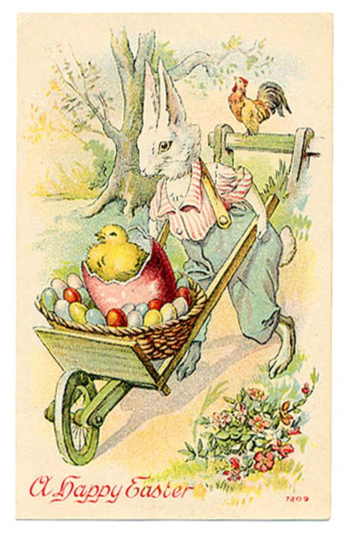 Vintage Easter Greeting Card: Anthropomorphic Rabbit with Wheelbarrow