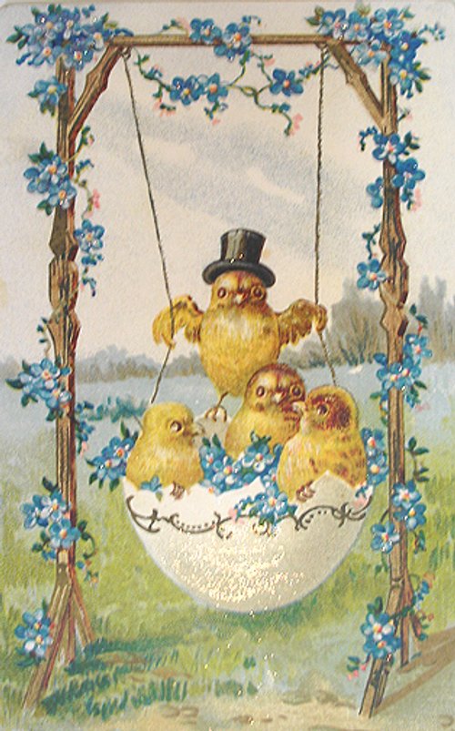 Victorian Easter Chicks Swing Vintage Greeting Card