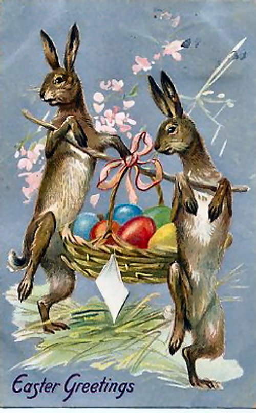 Vintage Easter Greeting Card with Dancing Rabbits & Egg Basket