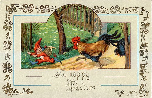 Victorian Easter Greeting Card with Rooster and Gnome