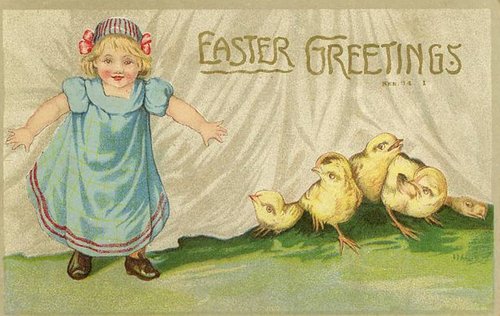 Vintage Easter Greeting Card with Girl and Chicks, Early 1900s