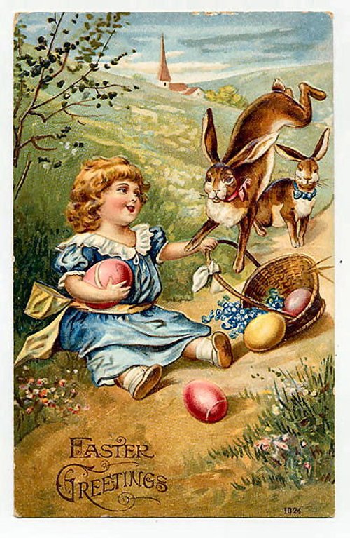 Victorian Easter Greetings Card with Child and Anthropomorphic Rabbits