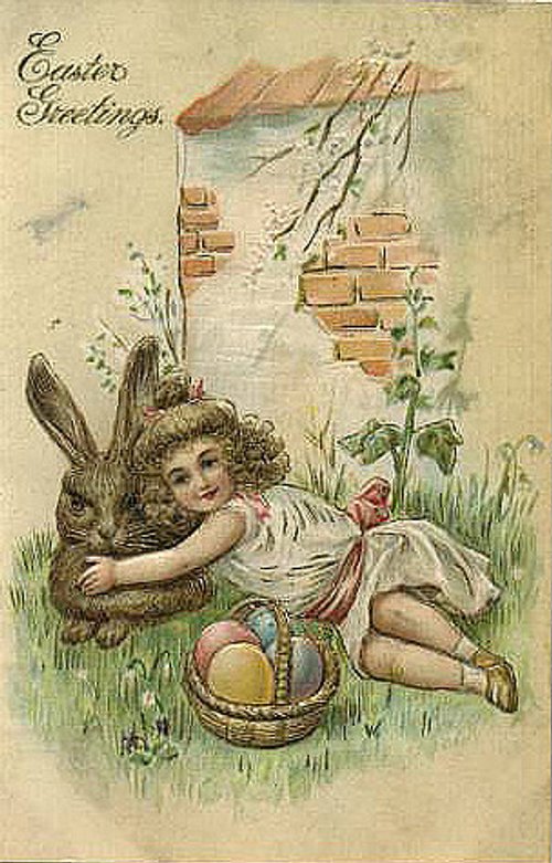 Victorian Easter Greetings Card with Girl & Giant Rabbit