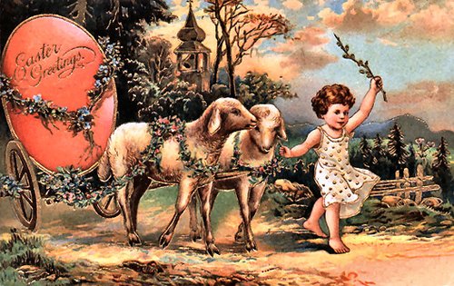 Victorian Easter Greeting Card with Child & Lambs